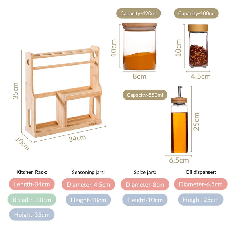 Spice Jars And Oil Bottles Set Of 12 With Wooden Stand 3