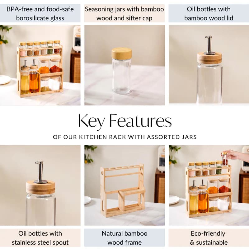 Spice Jars And Oil Bottles Set Of 12 With Wooden Stand 4
