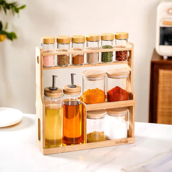Spice Jars And Oil Bottles Set Of 12 With Wooden Stand 1