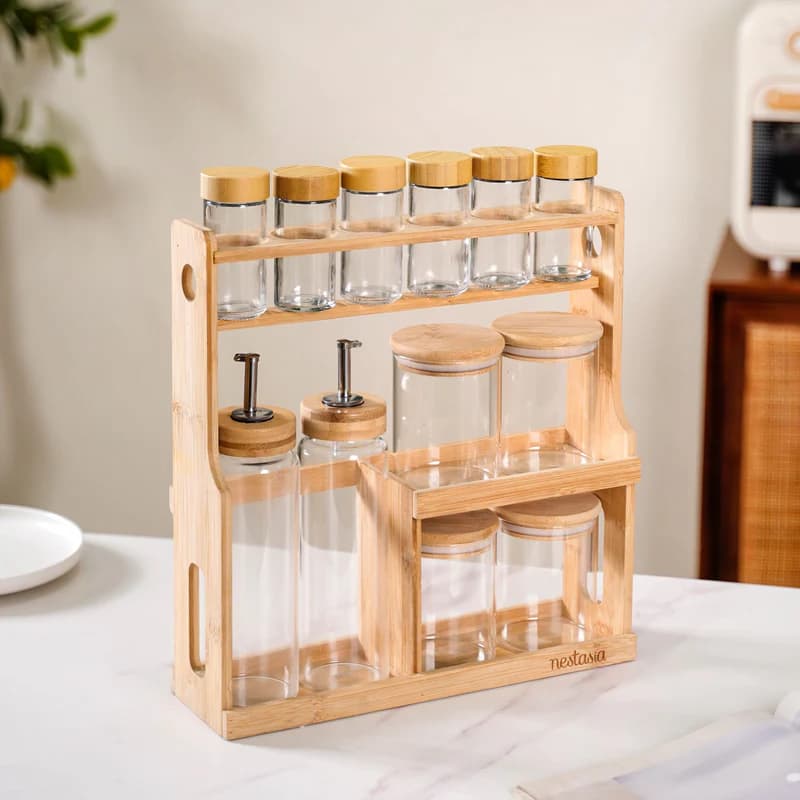 Spice Jars And Oil Bottles Set Of 12 With Wooden Stand 2