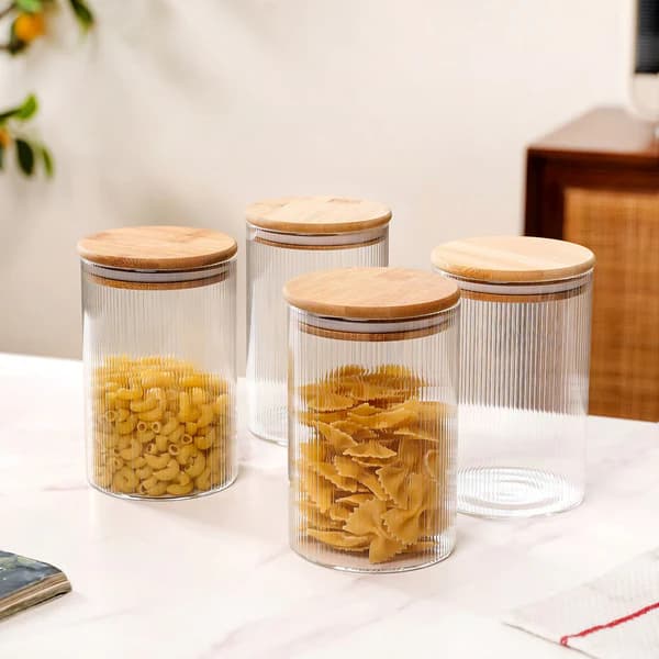 Set Of 4 Airtight Borosilicate Glass Jar With Fluted Design 1100ml 1